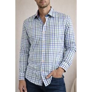 Robert Graham Button Down Shirt Large Tailored Fit Plaid Blue Green White